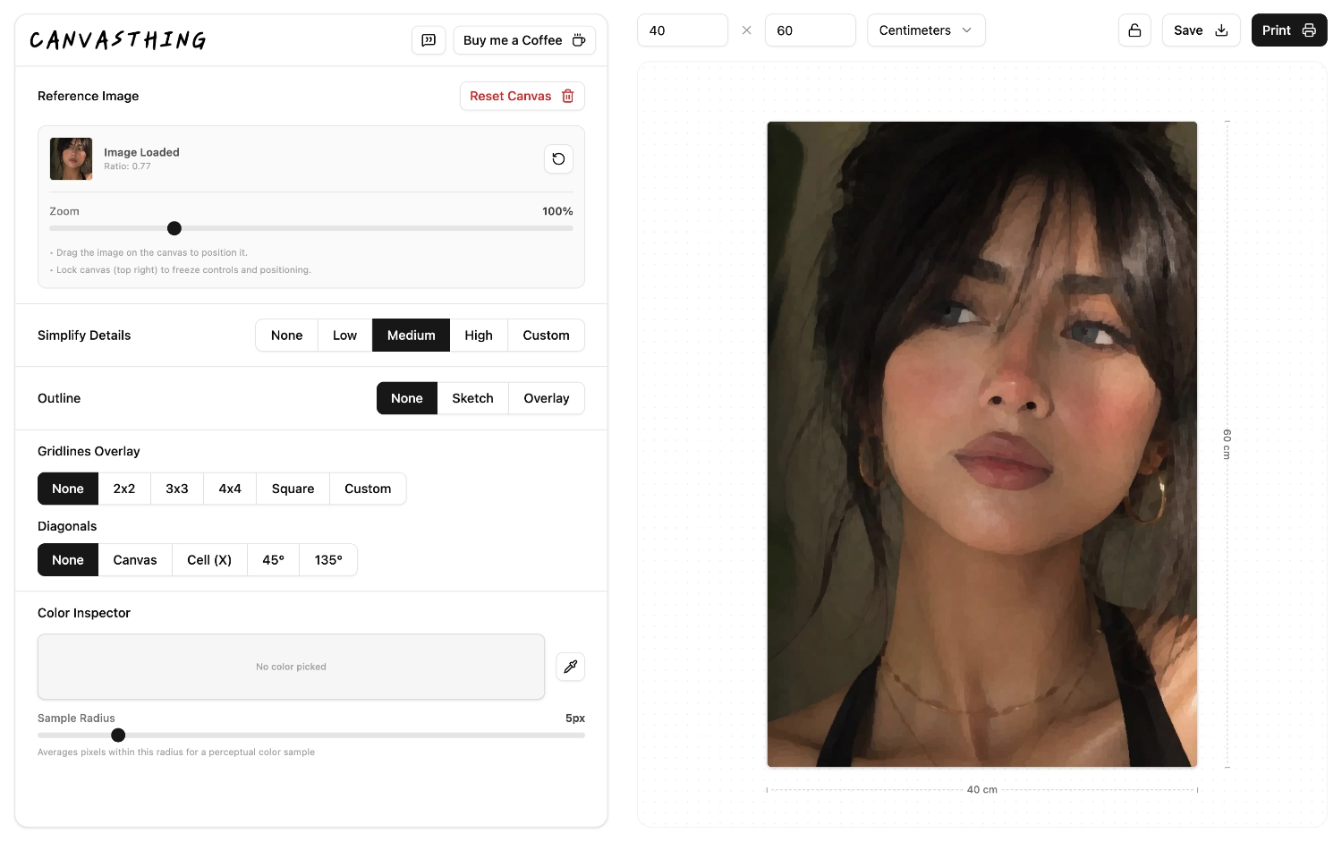 Canvasthing artist assistant app editor with a reference photo loaded on a canvas