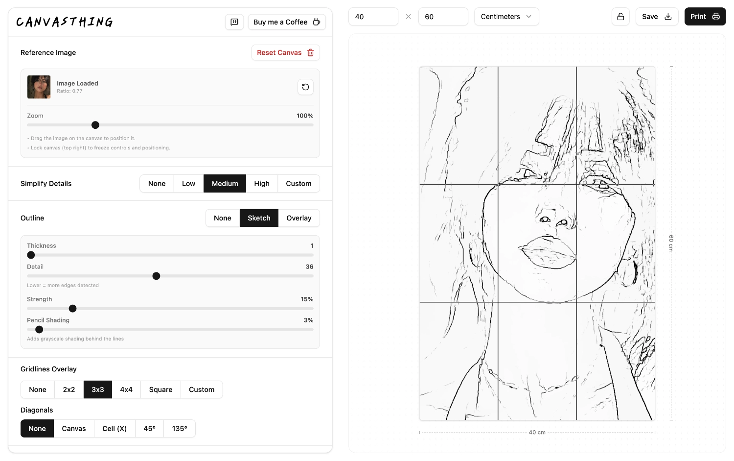 Canvasthing photo to sketch outline converter showing a generated pencil-style outline